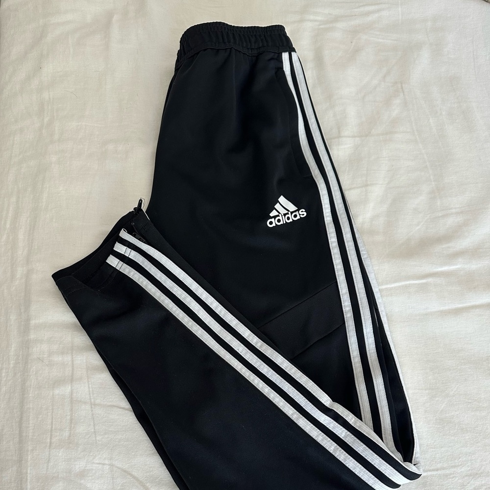 Adidas Men's Black Joggers with White Stripes